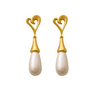 Boucles d'oreilles pendantes en laiton, avec perle de plastique, Placage de couleur d'or, bijoux de mode & pour femme, protéger l'environnement, sans nickel, plomb et cadmium, 46x12mm, Vendu par paire