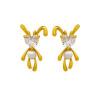 Cubic Zirconia Micro Pave Brass Earring with Plastic Pearl Rabbit plated fashion jewelry & micro pave cubic zirconia & for woman nickel lead & cadmium free Sold By Pair