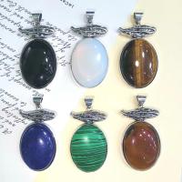 Gemstone Pendants Jewelry, with Tibetan Style, Oval, silver color plated, Unisex, more colors for choice, 32x52mm, Sold By PC