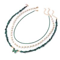 Mode-Multi-Layer-Halskette, Natürlicher Kies, mit Kunststoff Perlen & Zinklegierung, mit Verlängerungskettchen von 4.5cm, goldfarben plattiert, drei Schichten & für Frau, keine, Länge:50 cm, 45 cm, 40 cm, verkauft von PC