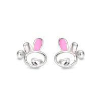 925 Sterling Silver Stud Earrings Rabbit Korean style & for woman & enamel & hollow silver color Sold By Pair