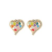 Cubic Zirconia Micro Pave Brass Earring, Heart, gold color plated, micro pave cubic zirconia & for woman & enamel, more colors for choice, nickel, lead & cadmium free, 14x13mm, Sold By Pair