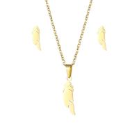 Fashion Stainless Steel Jewelry Sets Stud Earring & necklace 304 Stainless Steel Feather 2 pieces & fashion jewelry & for woman golden Length Approx 17.72 Inch Sold By Set