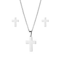 Fashion Stainless Steel Jewelry Sets Stud Earring & necklace 304 Stainless Steel Cross 2 pieces & fashion jewelry & for woman silver color Length Approx 17.72 Inch Sold By Set