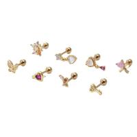 Brass Stud Earring Set, with 316 Stainless Steel, plated, 8 pieces & micro pave cubic zirconia & for woman, more colors for choice, nickel, lead & cadmium free, about:4x1.2x6mm, Sold By Set