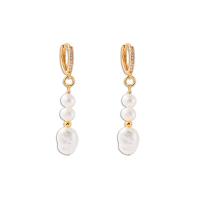 Freshwater Pearl Earrings Brass with Freshwater Pearl 18K gold plated fashion jewelry & for woman & with rhinestone nickel lead & cadmium free Sold By Pair