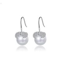 Cubic Zirconia Micro Pave Brass Earring, with Shell Pearl, platinum color plated, micro pave cubic zirconia & for woman, nickel, lead & cadmium free, 12.10x28.10mm, Sold By Pair