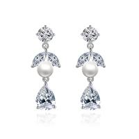 Cubic Zirconia Micro Pave Brass Earring, with Shell Pearl, platinum color plated, micro pave cubic zirconia & for woman, nickel, lead & cadmium free, 6.30x27.30mm, Sold By Pair