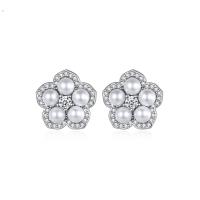 Cubic Zirconia Micro Pave Brass Earring, with Shell Pearl, Flower, platinum color plated, micro pave cubic zirconia & for woman, nickel, lead & cadmium free, 11.60x11.60mm, Sold By Pair