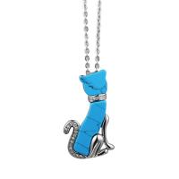 Titanium Steel Necklace, with Turquoise, Cat, Unisex & with rhinestone, blue, 28x44mm, Length:Approx 60 cm, Sold By PC