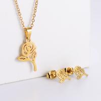 Fashion Stainless Steel Jewelry Sets, Stud Earring & necklace, 316L Stainless Steel, Rose, 18K gold plated, 2 pieces & fashion jewelry & for woman, golden, 10*20mm,1.5mm, Length:Approx 17.72 Inch, Sold By Set