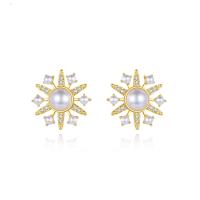 Cubic Zirconia Micro Pave Brass Earring with Shell Pearl Flower plated micro pave cubic zirconia & for woman nickel lead & cadmium free Sold By Pair