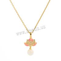 Titanium Steel Necklace, with Plastic Pearl & Brass, Flower, gold color plated, micro pave cubic zirconia & for woman & enamel, golden, Length:Approx 45 cm, Sold By PC