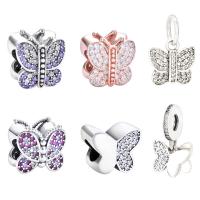 925 Sterling Silver European Bead Butterfly plated DIY & micro pave cubic zirconia 9.5-18mm Sold By PC