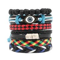 Evil Eye Jewelry Bracelet, PU Leather, with Wax Cord & Wood & Tibetan Style, 6 pieces & fashion jewelry & for man, Length:Approx 17-18 cm, Sold By Set