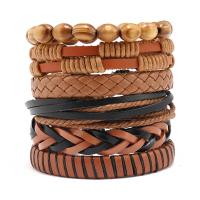 PU Leather Cord Bracelets with Wax Cord & Wood 6 pieces & fashion jewelry & for man Length Approx 17-18 cm Sold By Set