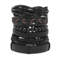 PU Leather Cord Bracelets, with Linen & Wax Cord & Wood, 6 pieces & fashion jewelry & for man, black, Length:Approx 17-18 cm, Sold By Set
