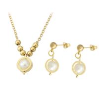 Fashion Stainless Steel Jewelry Sets earring & necklace 316 Stainless Steel with ABS Plastic Pearl gold color plated 2 pieces & fashion jewelry & for woman two different colored Length 17.8 Inch Sold By Set