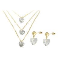 Cubic Zirconia Stainless Steel Jewelry Sets, earring & necklace, 316 Stainless Steel, Heart, gold color plated, 2 pieces & fashion jewelry & for woman & with cubic zirconia, white, Length:18.8 Inch, Sold By Set