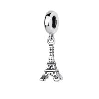 925 prata esterlina pingente de European, Torre Eiffel, oxidação, polido & DIY, 7x27mm, vendido por PC