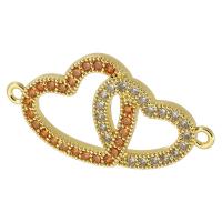 Cubic Zirconia Micro Pave Brass Connector, Heart, gold color plated, fashion jewelry & DIY & micro pave cubic zirconia, two different colored, 30x16x2mm, Hole:Approx 1.5mm, Sold By PC