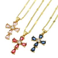 Cubic Zircon Micro Pave Brass Necklace Cross gold color plated fashion jewelry & micro pave cubic zirconia & for woman nickel lead & cadmium free 15*24*4mm 2mm Sold By PC