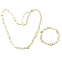 Parures de bijoux, laiton, avec perle de plastique, Placage de couleur d'or, bijoux de mode & styles différents pour le choix & pour femme, protéger l'environnement, sans nickel, plomb et cadmium, 5.5*6*6mm,14*5*1mm,5.5*6*6mm,6*8*3mm, Longueur:Environ 20 pouce, Environ 7 pouce, Vendu par fixé