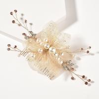 Decorative Hair Combs, Tibetan Style, with Gauze & Plastic Pearl, fashion jewelry & for woman & with rhinestone, golden, nickel, lead & cadmium free, 180x70mm, Sold By PC