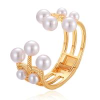 alliage de zinc bracelet manchette, avec Plastique ABS perle, Placage de couleur d'or, pour femme, doré, protéger l'environnement, sans nickel, plomb et cadmium, 14x60mm, Vendu par PC