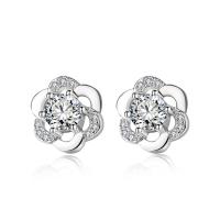 Brass Stud Earring, Flower, platinum plated, for woman & with cubic zirconia & hollow, 9.50mm, Sold By Pair