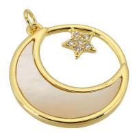 Cubic Zirconia Micro Pave Brass Pendant, with White Shell, Round, gold color plated, fashion jewelry & DIY & micro pave cubic zirconia, golden, 23x26x2mm, Hole:Approx 3mm, Sold By PC