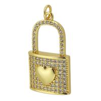 Cubic Zirconia Micro Pave Brass Pendant, Lock, gold color plated, fashion jewelry & DIY & micro pave cubic zirconia, golden, 16x27x4mm, Hole:Approx 3mm, Sold By PC