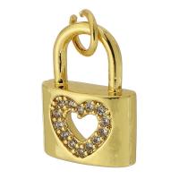 Cubic Zirconia Micro Pave Brass Pendant, Lock, gold color plated, fashion jewelry & DIY & micro pave cubic zirconia, golden, 10x14x3mm, Hole:Approx 3mm, Sold By PC