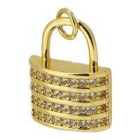 Cubic Zirconia Micro Pave Brass Pendant, Lock, gold color plated, fashion jewelry & DIY & micro pave cubic zirconia, golden, 13x17x5mm, Hole:Approx 3mm, Sold By PC