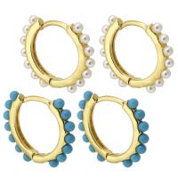 Brass Huggie Hoop Earring, with Resin & Plastic Pearl, gold color plated, fashion jewelry & DIY, more colors for choice, 19x47x4mm, Sold By Pair