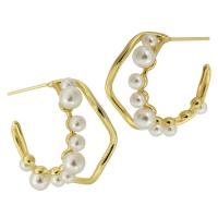 Goujon Laiton, avec perle de plastique, Placage de couleur d'or, bijoux de mode & pour femme, deux couleurs différentes, 13x26x27mm, Vendu par paire