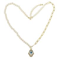 Collier Evil Eye bijoux, laiton, avec perle de plastique, Placage de couleur d'or, bijoux de mode & pavé de micro zircon & pour femme, protéger l'environnement, sans nickel, plomb et cadmium, 13*20*3mm,5*4.5*5mm,4*11*1mm, Longueur:Environ 18.5 pouce, Vendu par PC