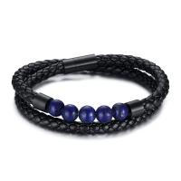 Stainless Steel Jewelry Bracelet, Microfiber PU, with Lapis Lazuli & 304 Stainless Steel, Double Layer & fashion jewelry & for man, black, Length:Approx 17.32 Inch, Sold By PC