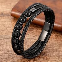 PU Leather Cord Bracelets, with Gemstone & 304 Stainless Steel, three layers & different materials for choice & for man, Length:Approx 8 Inch, Sold By PC