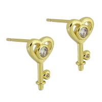 Brass Stud Earring, Key, gold color plated, fashion jewelry & micro pave cubic zirconia & for woman, golden, 7x12x14mm, Sold By Pair