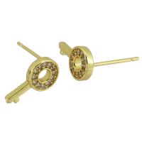 Goujon Laiton, clé, Placage de couleur d'or, bijoux de mode & pavé de micro zircon & pour femme, doré, 7x12x14mm, Vendu par paire