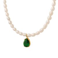 Natural Freshwater Pearl Necklace, with Titanium Steel & Cubic Zirconia, with 7cm extender chain, Teardrop, Vacuum Ion Plating, for woman, 13x10mm, Length:Approx 36 cm, Sold By PC
