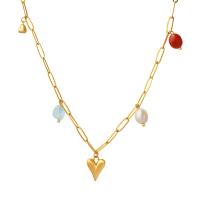 Titanstahl Halskette, mit Naturstein & Natürliche kultivierte Süßwasserperlen, mit Verlängerungskettchen von 5cm, Herz, für Frau, goldfarben, 11x15mm, Länge:ca. 40 cm, verkauft von PC