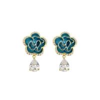 Brass Stud Earring with Plastic Pearl gold color plated fashion jewelry & micro pave cubic zirconia & for woman & enamel blue nickel lead & cadmium free Sold By Pair