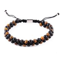 Natural Tiger Eye Bracelets, with Natural Stone & Polyester Cord & 316L Stainless Steel, fashion jewelry & Unisex, Length:Approx 5.9-8.66 Inch, Sold By PC