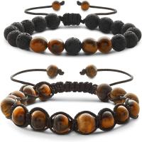 Couple Bracelet and Bangle, Tiger Eye, with Polyester Cord & Lava, handmade, 2 pieces & Adjustable & Unisex, Length:Approx 6.5-9.4 Inch, Sold By PC