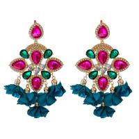 Tibetan Style Drop Earrings, Glass, with acrylic rhinestone & Cloth & Tibetan Style, Flower, gold color plated, Bohemian style & for woman & with rhinestone, more colors for choice, 70x120mm, Sold By Pair