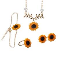 Zinc Alloy Jewelry Sets Stud Earring & finger ring & bracelet & necklace with Resin & Plastic Pearl with 2inch extender chain Sunflower plated 4 pieces & for woman 18mm US Ring Length Approx 22 Inch Approx 9.8 Inch Sold By Set
