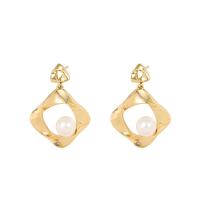 Brass Stud Earring, with Plastic Pearl, 18K gold plated, fashion jewelry & for woman & hollow, golden, nickel, lead & cadmium free, 35x25mm, Sold By Pair