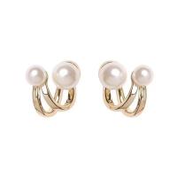 Tibetan Style Stud Earring, with Plastic Pearl, high quality plated, fashion jewelry & for woman & hollow, golden, nickel, lead & cadmium free, 16x13mm, Sold By Pair